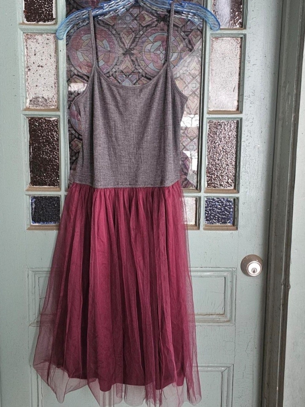 Women's Gray Knit Bodice Dress with Maroon Tulle Skirt
